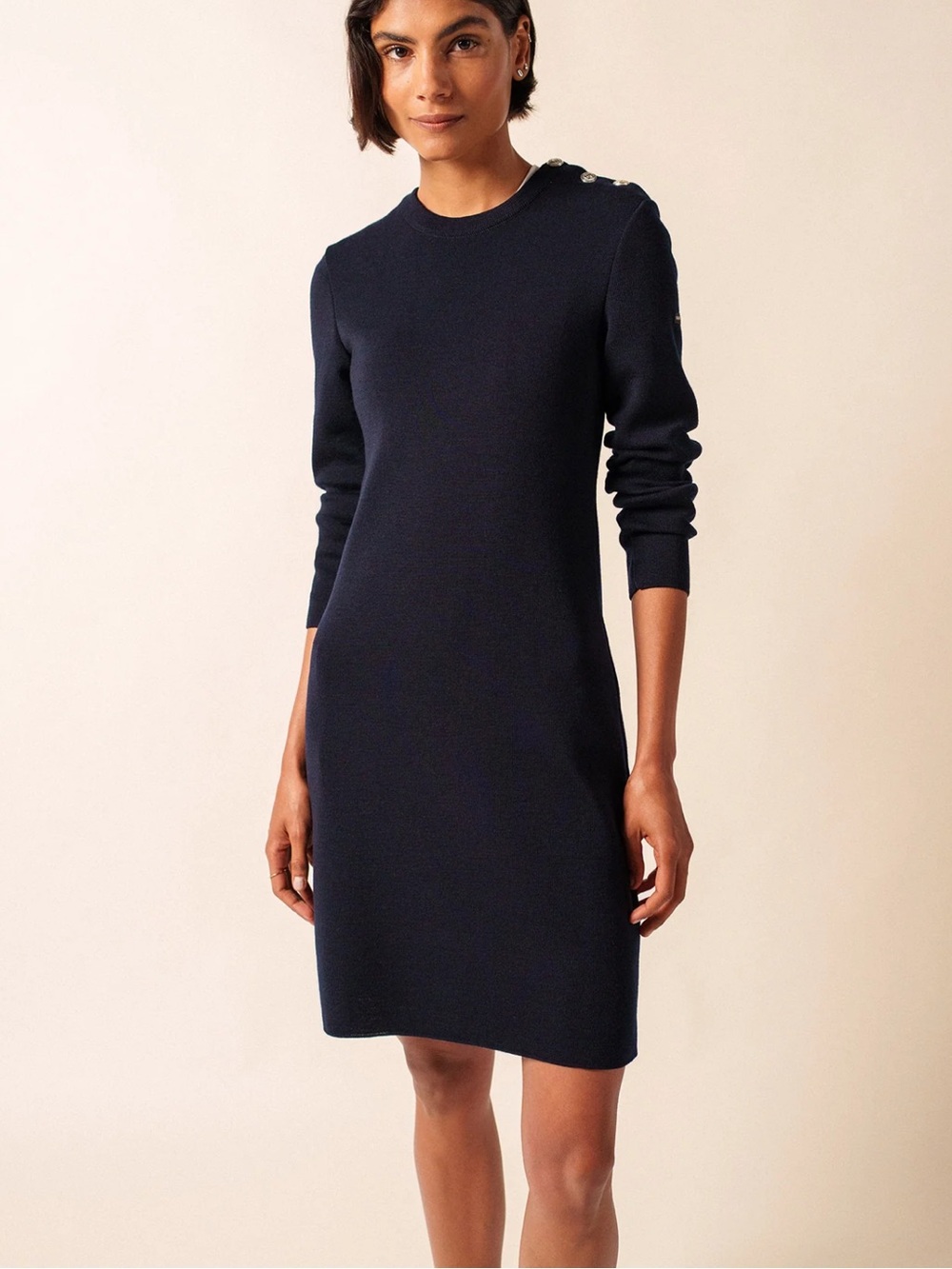 Saint James Textured Knit Navy Wool Long Sleeve Crewneck Grande Maree Dress M/L